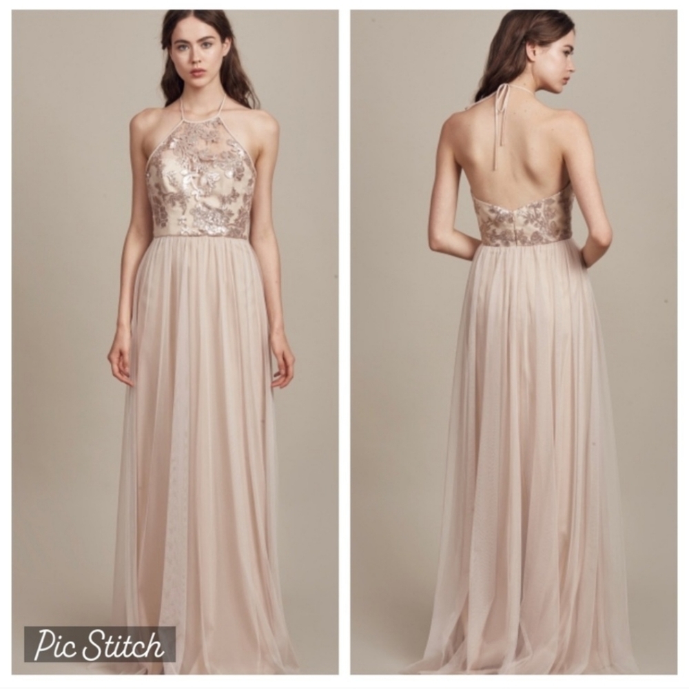 Amsale Rose Gold Sequin Mesh Dress